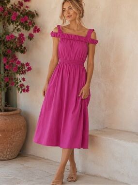 Anthropologie Maeve Mona Off Shoulder Midi Dress Pink Magenta Size S
